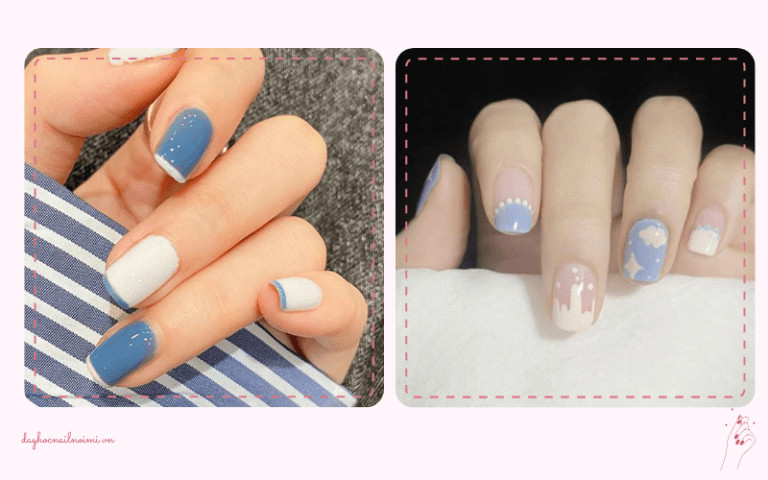 Khám Phá Những Mẫu Móng Tay Sang Trọng, Tinh Tế Năm Nay Móng tay xanh dương nhạt họa tiết trắng hồng