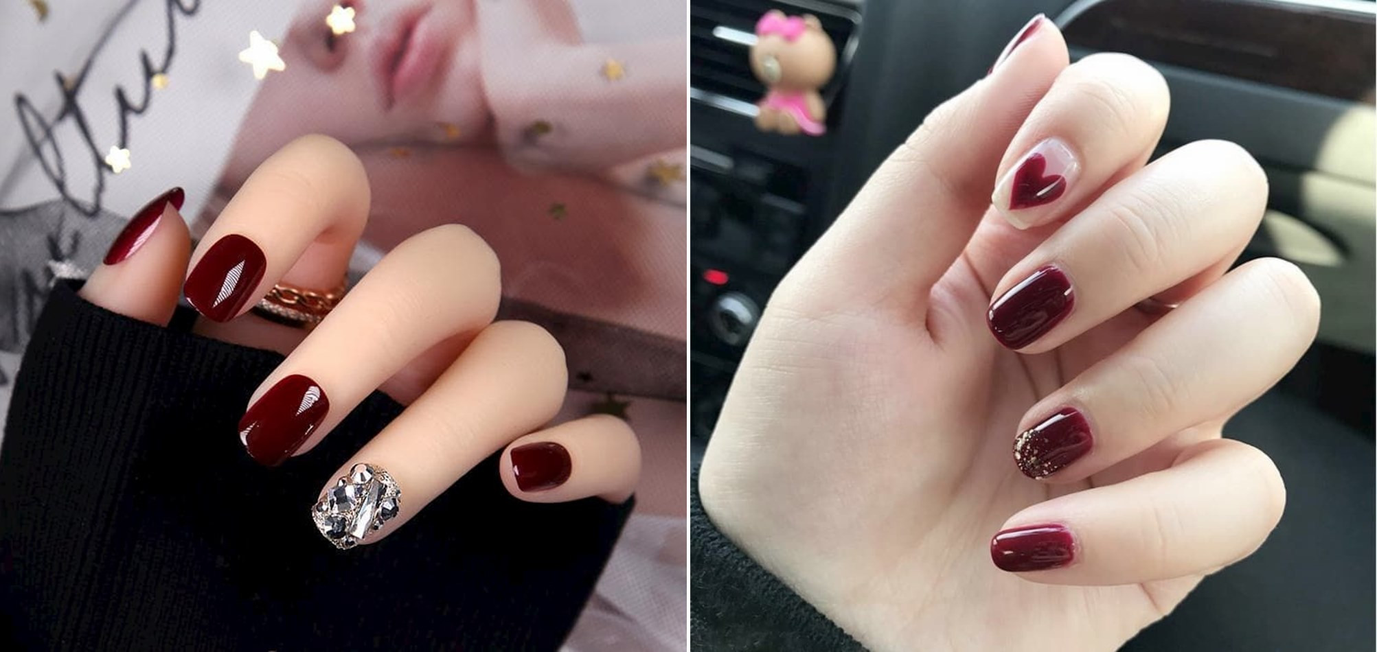 Móng tay xinh màu đỏ mận đính đá lấp lánh