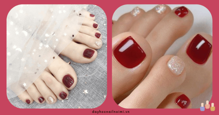 Nail chân đỏ mận phối kim tuyến bạc cuốn hút