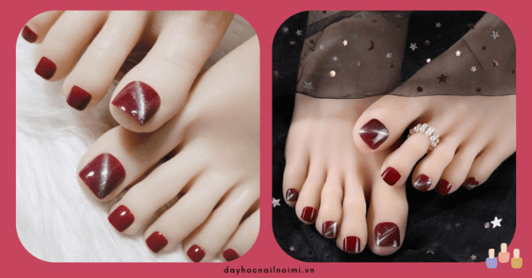 Nail chân đỏ rượu hiệu ứng mắt mèo ấn tượng