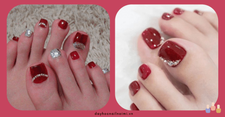 Nail chân mắt mèo đỏ đính đá