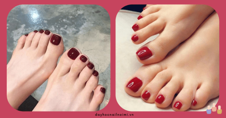 Nail chân màu đỏ rượu bóng đơn giản tinh tế