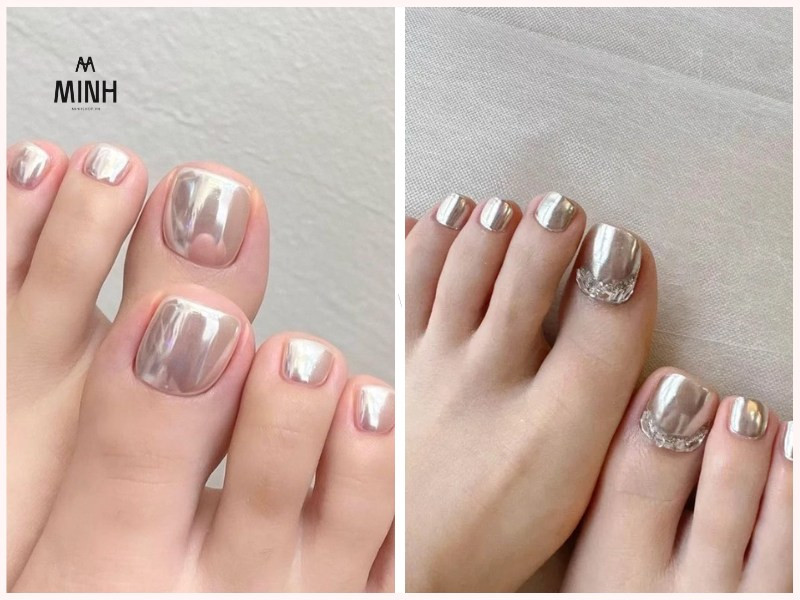 Nail chân màu tráng gương, mang phong cách hiện đại và sang trọng cho da ngăm