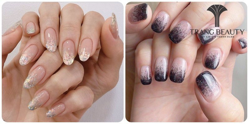 Nail đầu móng tay trắng đính kim tuyến lấp lánh ở chân móng, tạo sự sáng tạo độc đáo