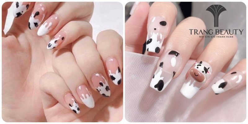 Nail đầu móng tay trắng với các đốm đen ngẫu nhiên, tạo họa tiết sữa bò đáng yêu
