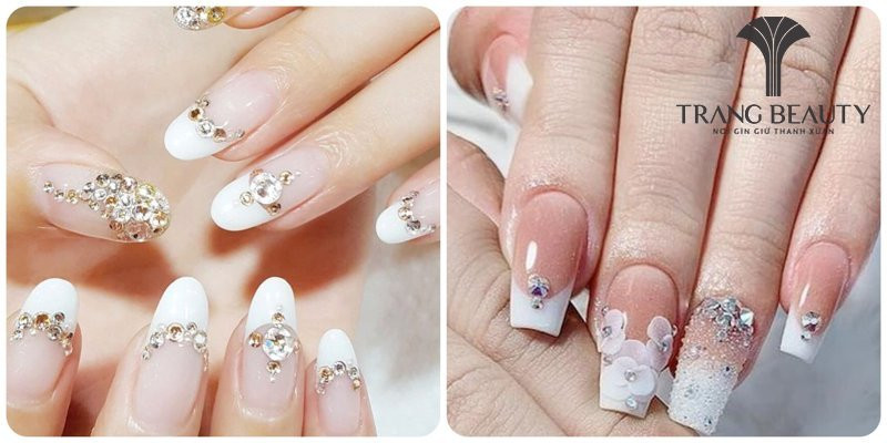 Nail đầu móng trắng phối đá lấp lánh, lý tưởng cho những sự kiện đặc biệt, đám cưới