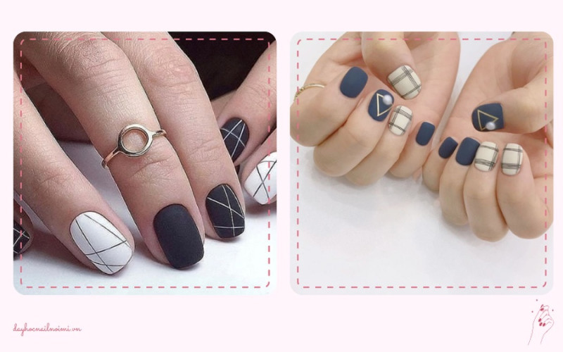 Nail đẹp caro trên nền sơn xanh navy rất sang