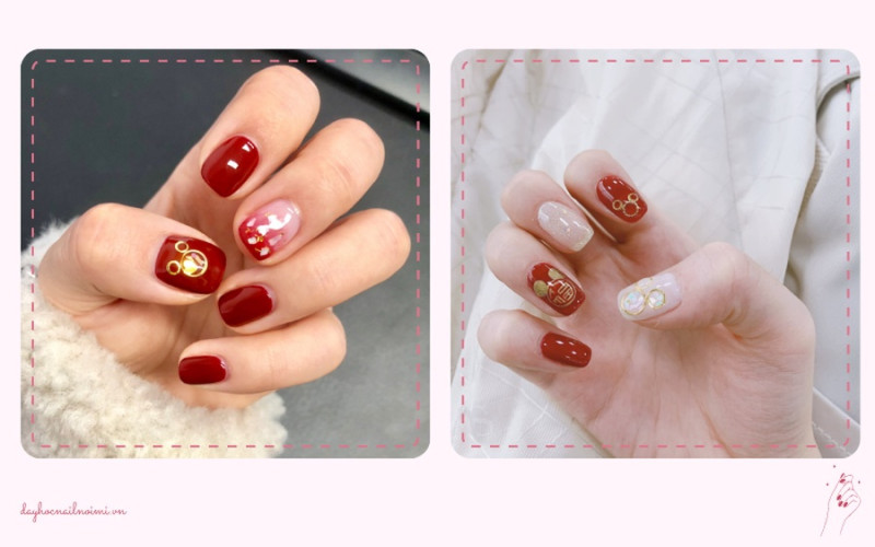 Nail đỏ với hình vẽ tài lộc cho Tết