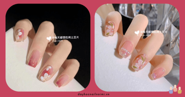 Nail hồng nude ombre với họa tiết hoa anh đào và hạt cườm