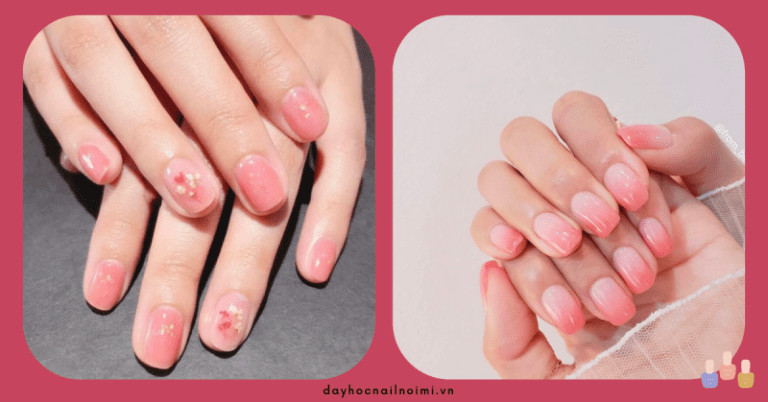 Nail hồng phấn ombre kết hợp hoa khô