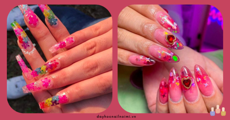 Nail hồng trên móng dài với họa tiết trái tim độc đáo