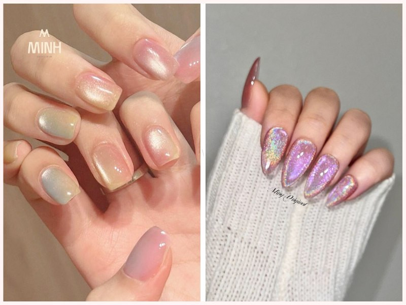 Nail mắt mèo ánh trăng đính đá cầu vồng độc đáo