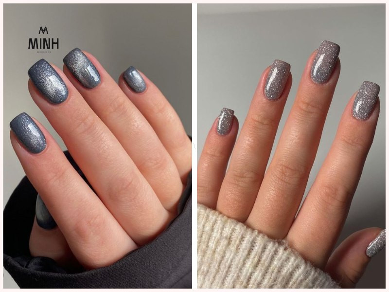 Nail mắt mèo ánh trăng đính đá đen bạc cá tính