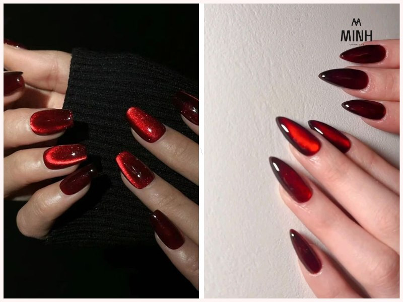 Nail mắt mèo ánh trăng đính đá đỏ rượu vang quyến rũ