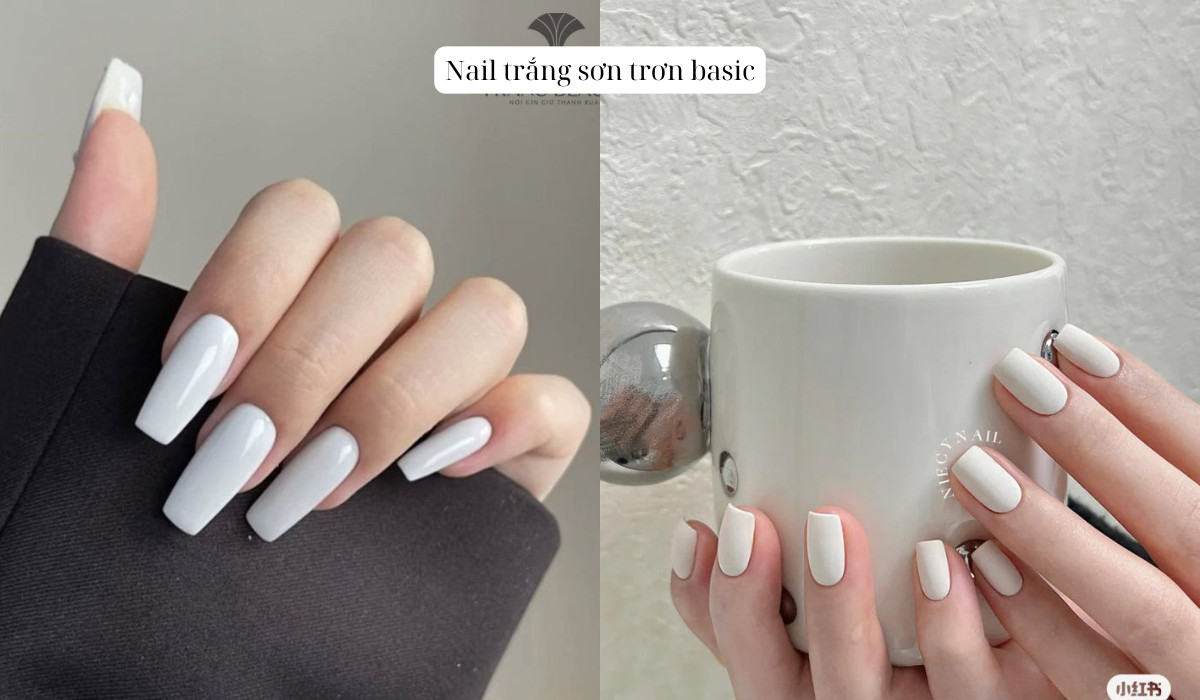 Nail trắng sơn trơn đính đá basic