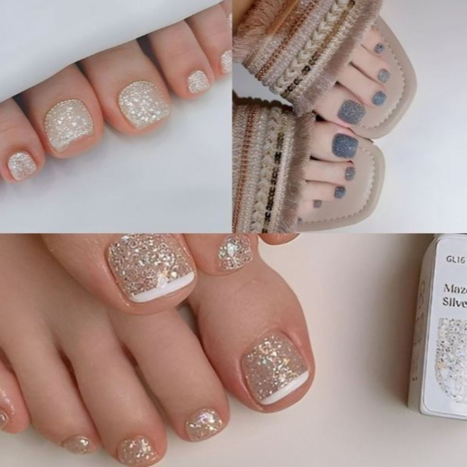 Nhũ bạc mang đến vẻ đẹp sang trọng khi chọn móng chân đẹp sáng da