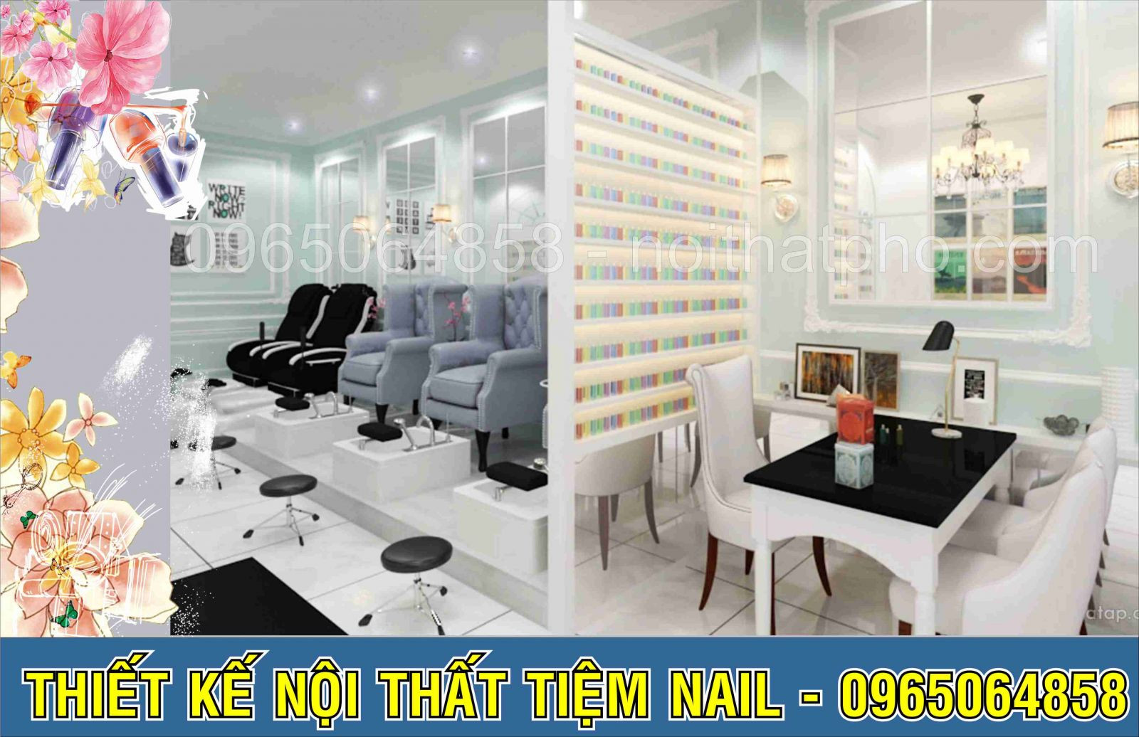Nội thất tiệm nail nhỏ gọn nhưng tiện nghi, tạo cảm giác rộng rãi