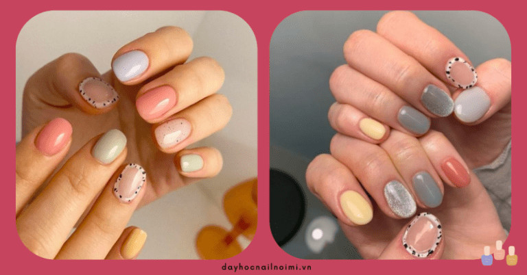 Phối nail màu hồng với bảng màu pastel và họa tiết trứng cút