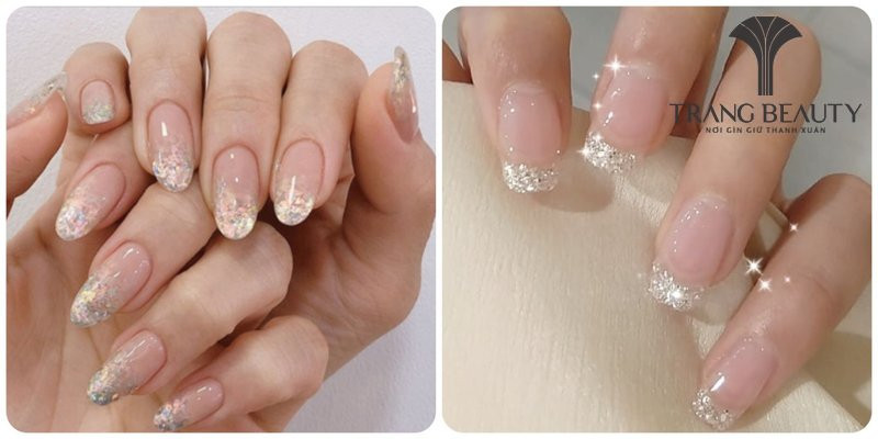 Sơn đầu móng tay trắng phủ nhũ bạc lấp lánh, tạo điểm nhấn ấn tượng cho buổi tiệc
