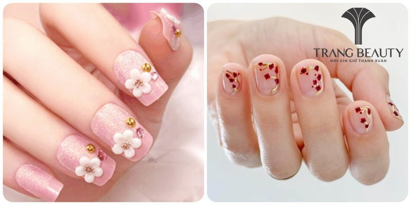 Sơn đầu móng tay vẽ hoa lá đẹp mắt trên nền trong