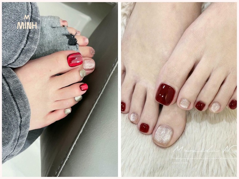 Sơn móng chân mắt mèo đỏ đẹp với hiệu ứng ánh sáng độc đáo