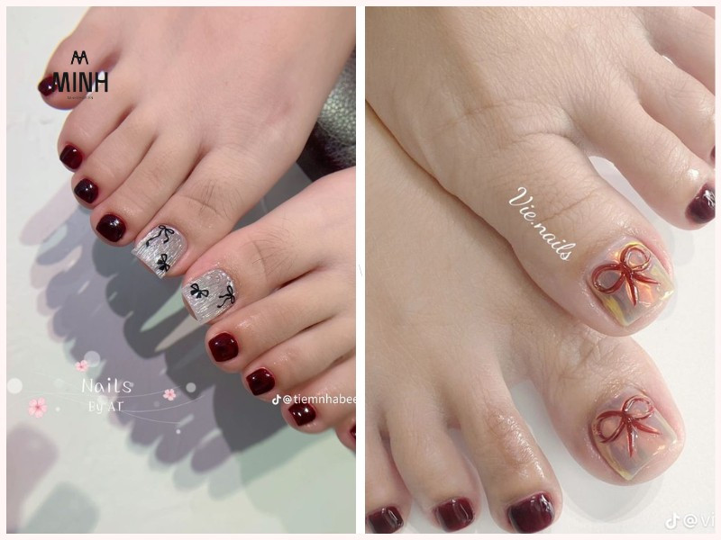 Sơn móng chân màu đỏ đẹp đính charm nơ xinh xắn và thời trang