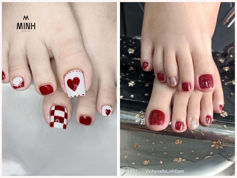 Sơn móng chân màu đỏ đô sang trọng và quyến rũ