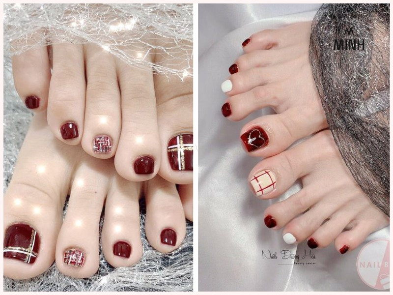 Sơn móng chân màu đỏ họa tiết caro trẻ trung và cá tính