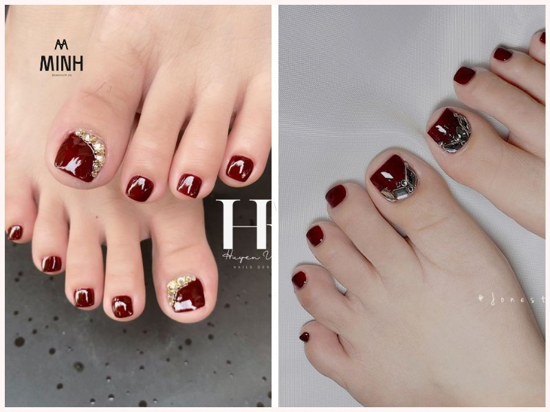 Sơn móng chân màu đỏ rượu phối họa tiết bạc vàng sang trọng