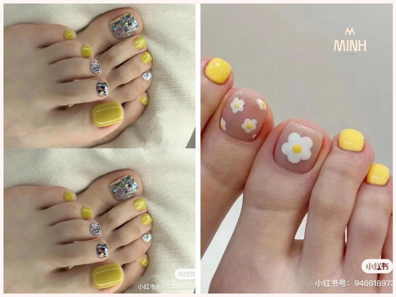 Sơn móng chân màu vàng tươi sáng, làm nổi bật vẻ đẹp rạng rỡ của da ngăm