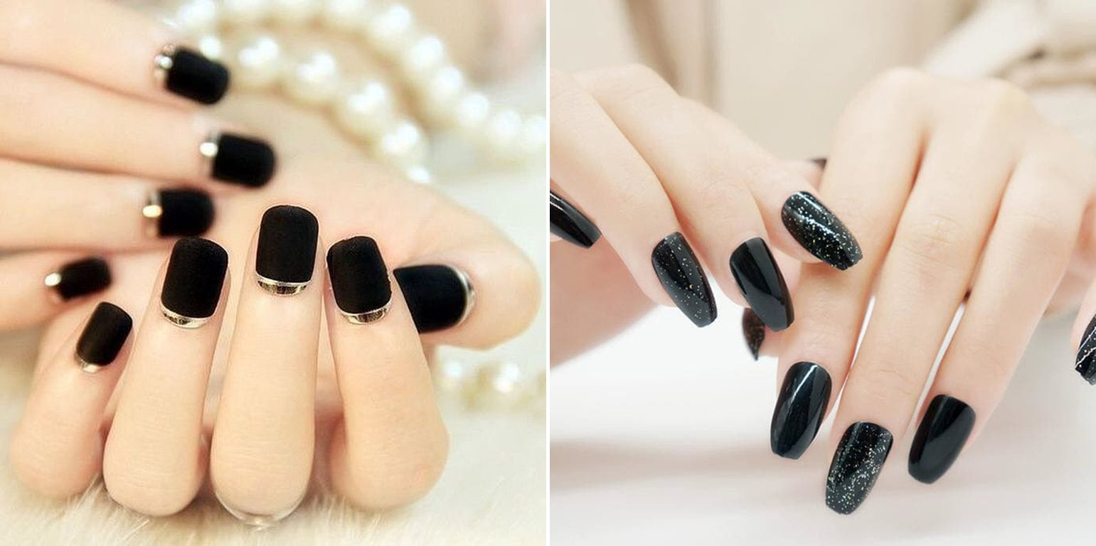 Sơn móng tay đẹp màu đen huyền bí kết hợp họa tiết