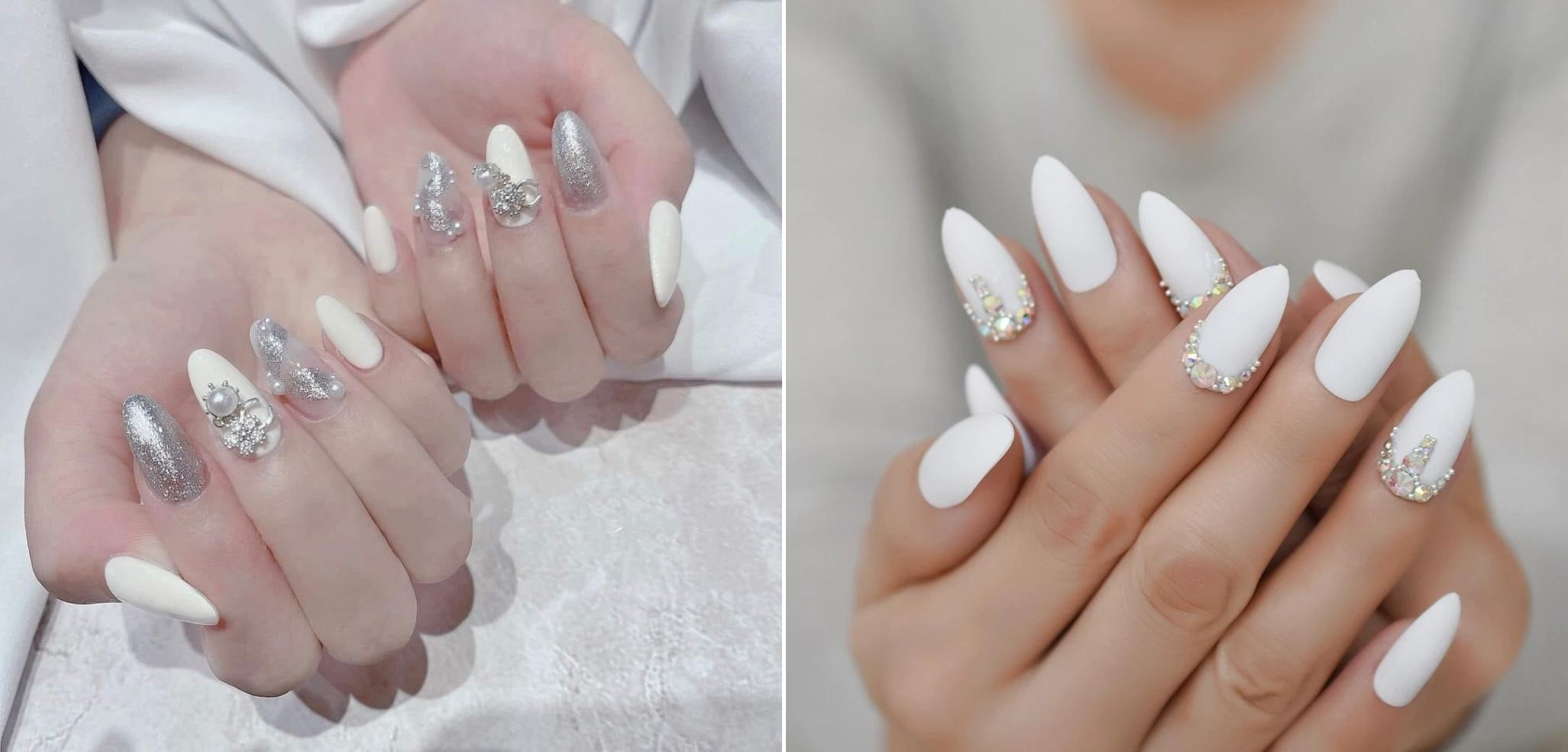 Sơn móng tay đẹp màu trắng đính đá lấp lánh