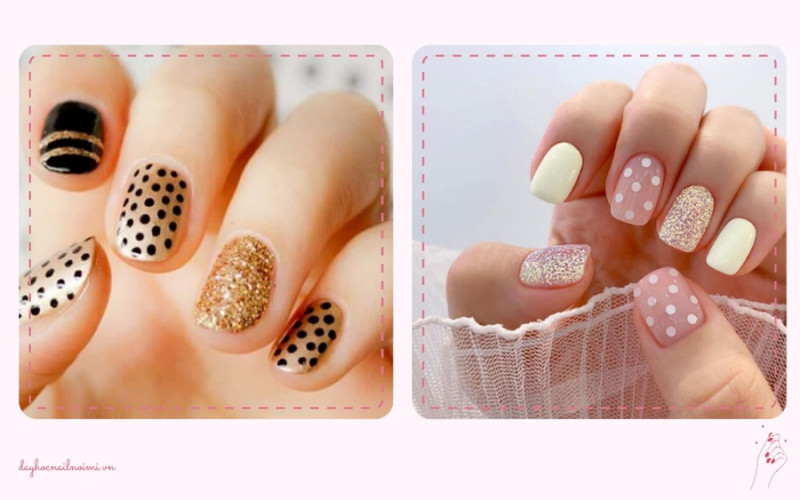 Sơn móng tay đẹp nhẹ nhàng chấm bi kết hợp tone nude