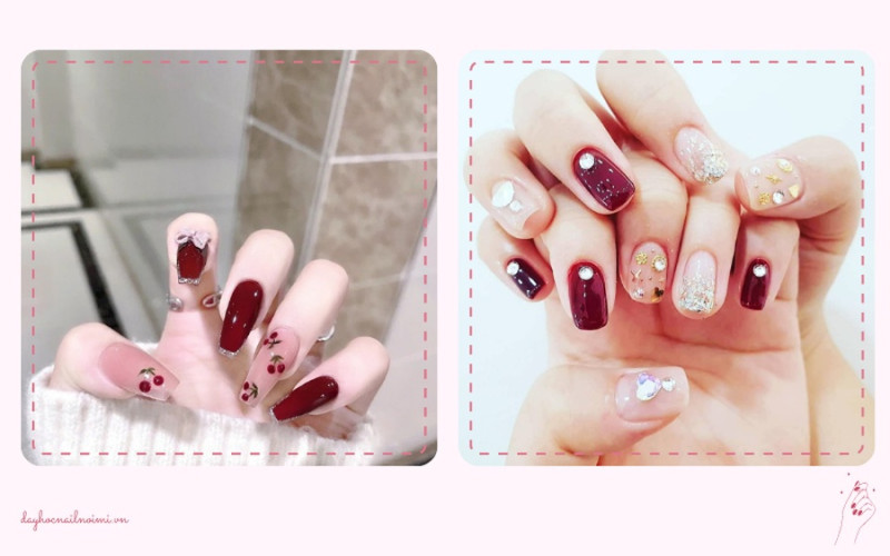 Sơn móng tay đẹp nhẹ nhàng đỏ bóng cùng phụ kiện nơ