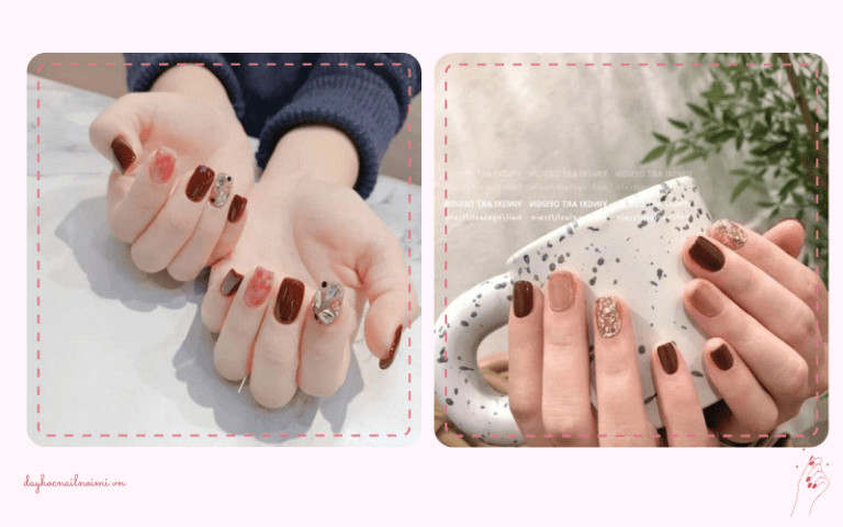 Sơn móng tay đẹp nhẹ nhàng đỏ đậm đính đá, xà cừ