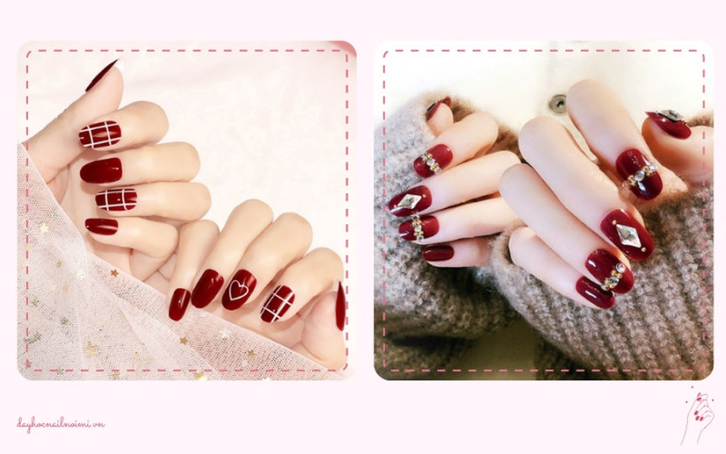 Sơn móng tay đẹp nhẹ nhàng đỏ đính đá lấp lánh