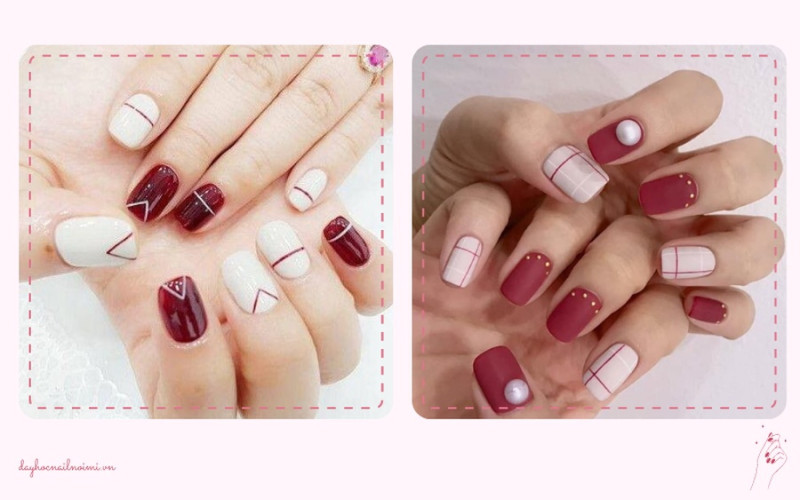 Sơn móng tay đẹp nhẹ nhàng đỏ trầm họa tiết caro