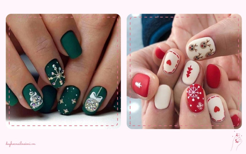 Sơn móng tay đẹp nhẹ nhàng hình vẽ đáng yêu hay đính đá Noel
