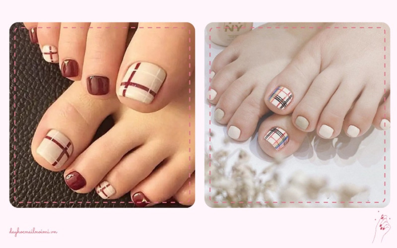 Sơn móng tay đẹp nhẹ nhàng họa tiết ca rô cho chân