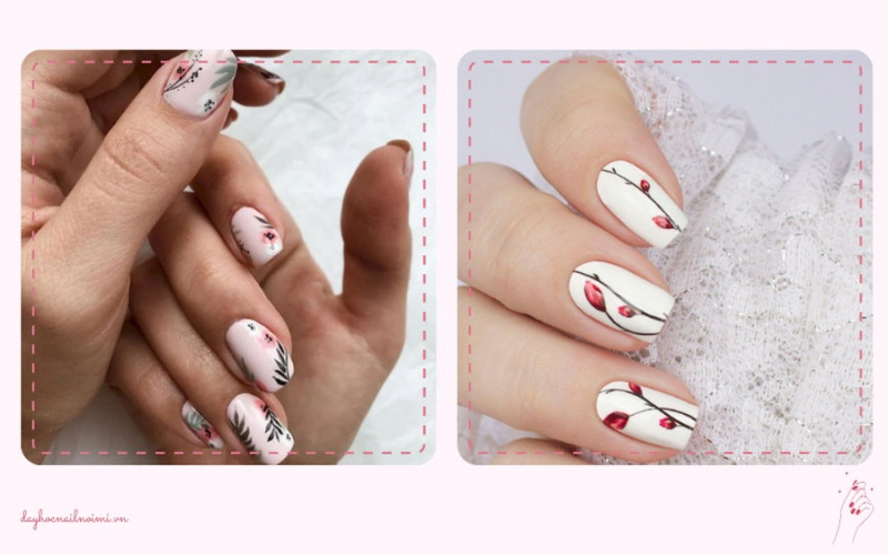 Sơn móng tay đẹp nhẹ nhàng họa tiết cành hoa nhỏ