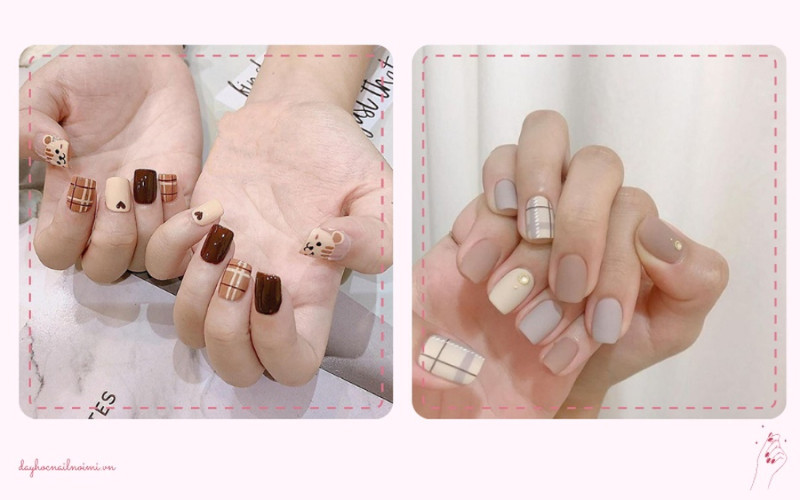 Sơn móng tay đẹp nhẹ nhàng họa tiết caro cùng màu pastel
