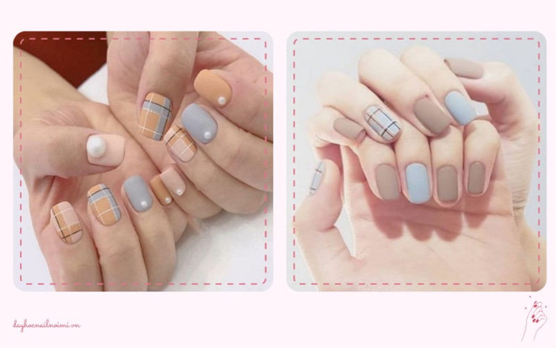 Sơn móng tay đẹp nhẹ nhàng họa tiết caro kết hợp pastel