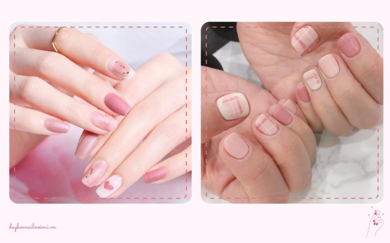 Sơn móng tay đẹp nhẹ nhàng hồng họa tiết caro