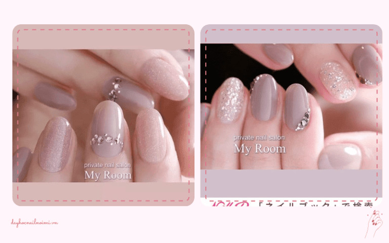 Sơn móng tay đẹp nhẹ nhàng mắt mèo họa tiết lá, kim tuyến