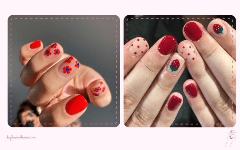 Sơn móng tay đẹp nhẹ nhàng màu đỏ họa tiết hoa, chấm bi