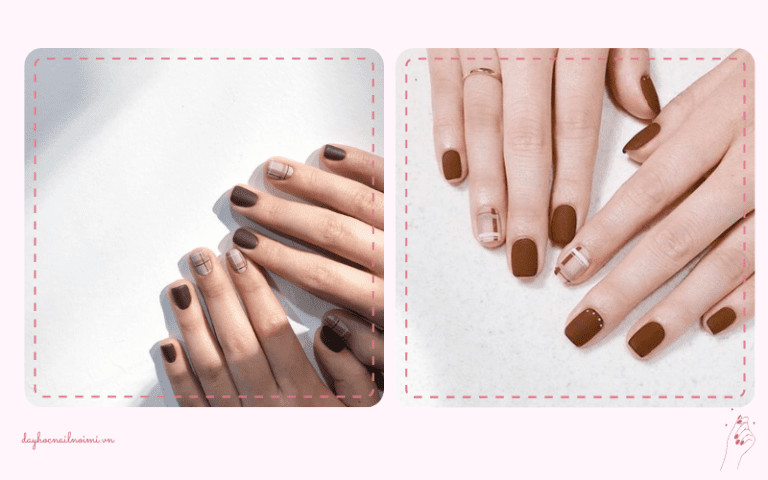 Sơn móng tay đẹp nhẹ nhàng màu nâu kết hợp caro