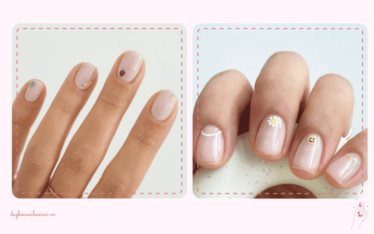 Sơn móng tay đẹp nhẹ nhàng màu trắng gạo họa tiết liti