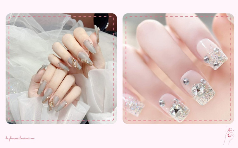 Sơn móng tay đẹp nhẹ nhàng màu xám kết hợp đính đá