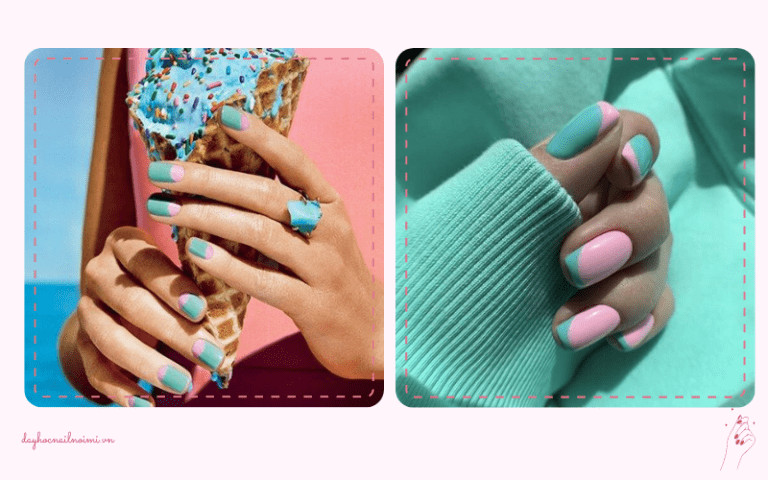 Sơn móng tay đẹp nhẹ nhàng màu xanh ngọc mix hồng
