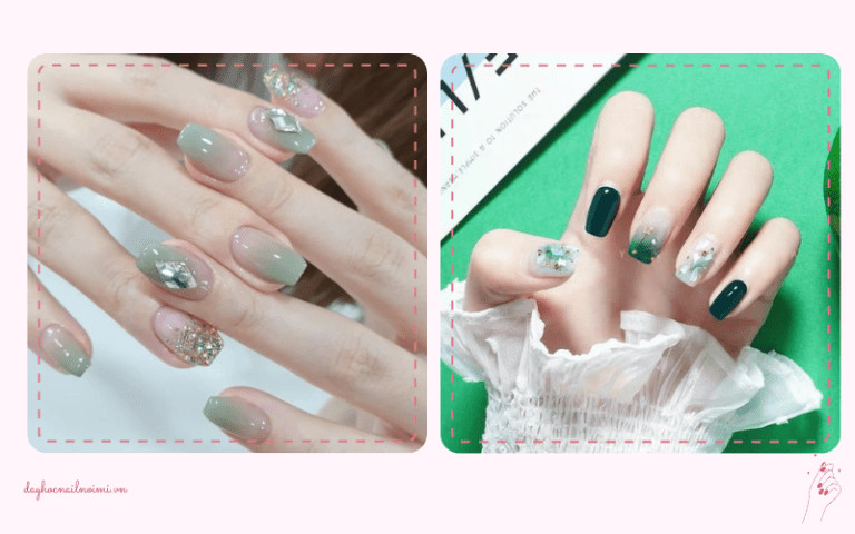 Sơn móng tay đẹp nhẹ nhàng ombre xanh hồng đính đá tinh tế